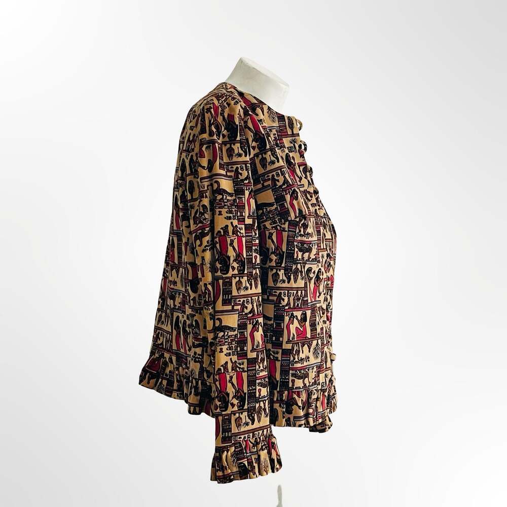 Vintage Egyptian Hieroglyphic Print Jacquard Blazer Jacket with Ruffle Hem