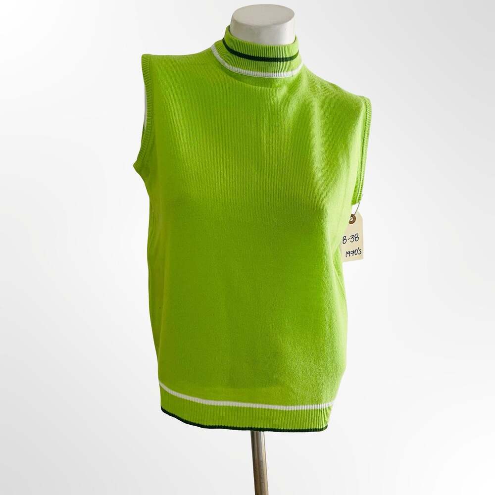 Vintage 1970s Hand Loomed Fully Fashioned Lime Green Mock Neck  Sweater