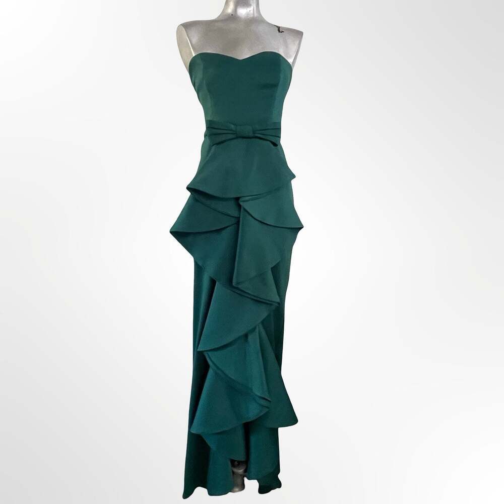 Badgley Mischka Strapless Sculptural Ruffle Gown in Teal