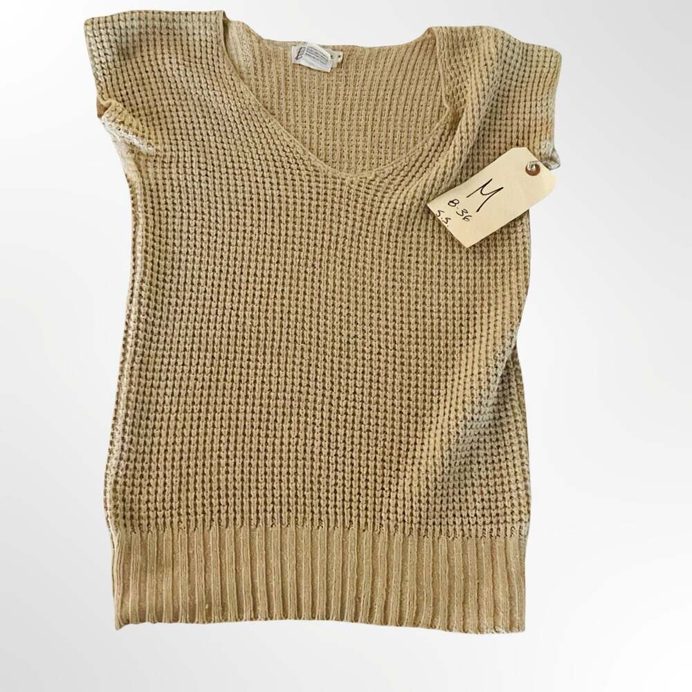 Linen-Blend Ribbed V-Neck Short Dolman Sleeve Sweater Beige Medium