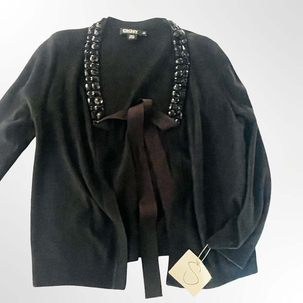 DKNY Donna Karan New York Black Embellished Beaded Collar Cape Cardigan