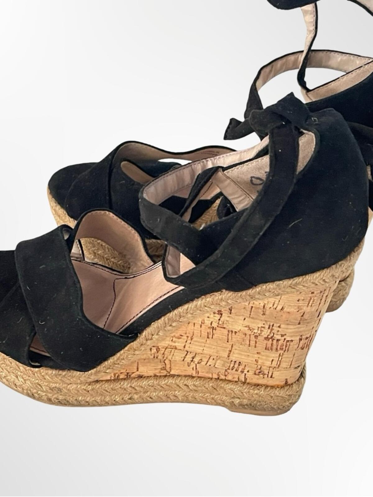 Topshop Black Suede Espadrille Wedge Sandals with Ankle Ties