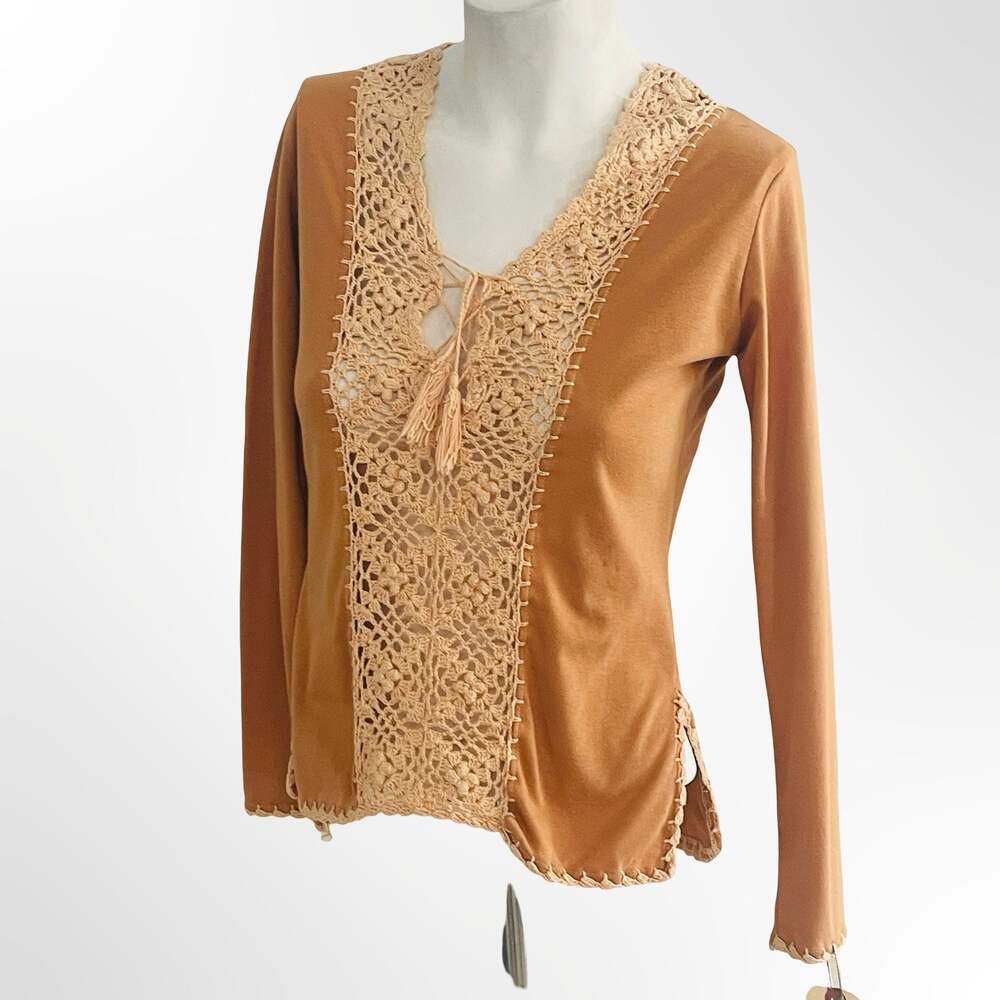 Vintage Long Sleeve Brown Knit Blouse with Crochet Lace Trim and Tassel Tie
