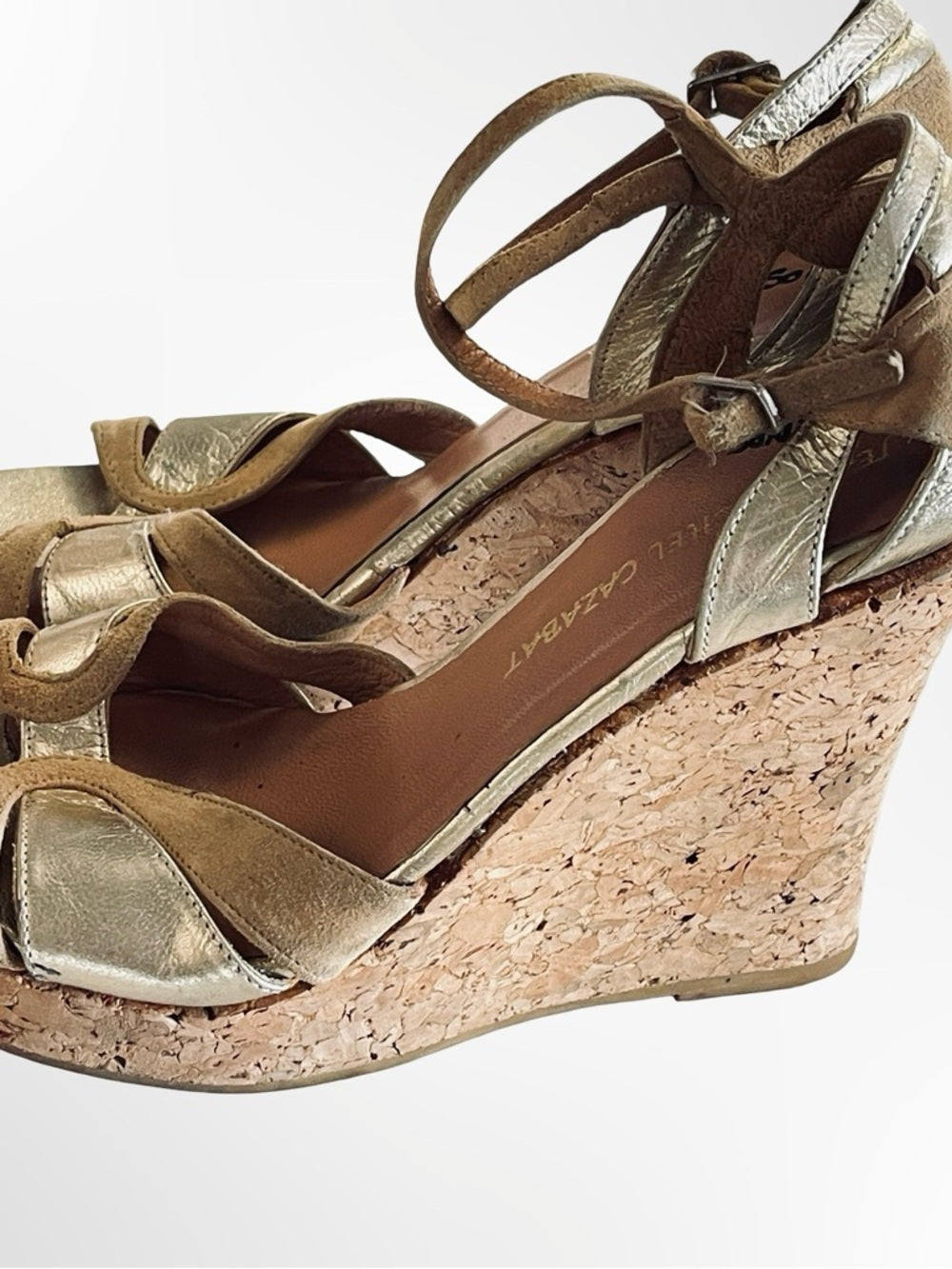 Jean Michael Cazabat Metallic Gold Cork Wedge Sandals in size 5.5