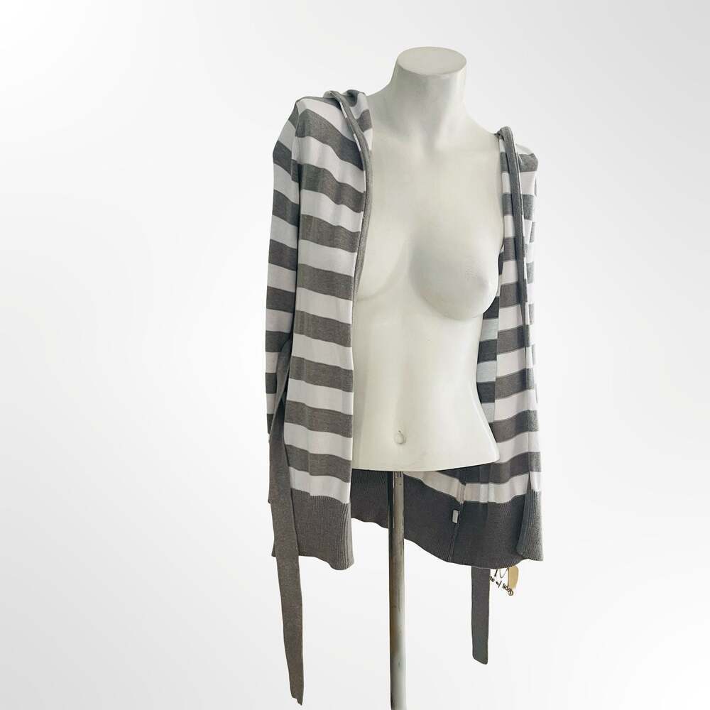 Epic Threads Women's Gray and White Striped Hooded Cardigan Sweater Size M