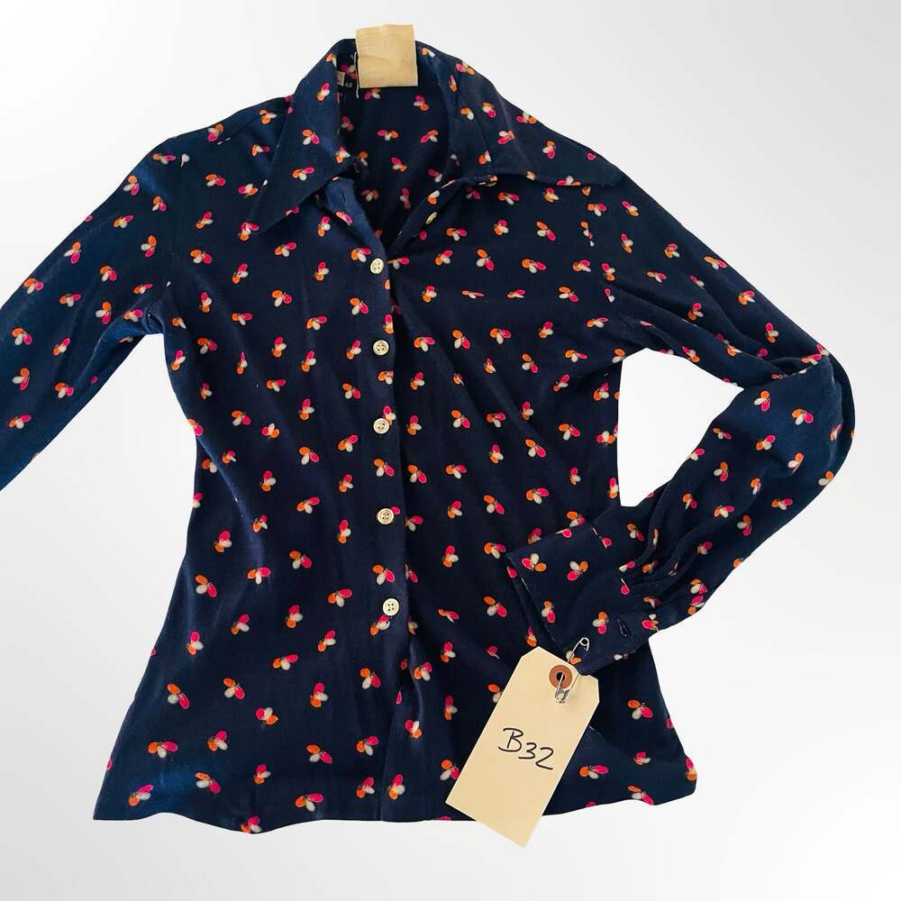 Vintage 1970s Midi-Textile Bullock's Navy Blue Print Button-Down Shirt