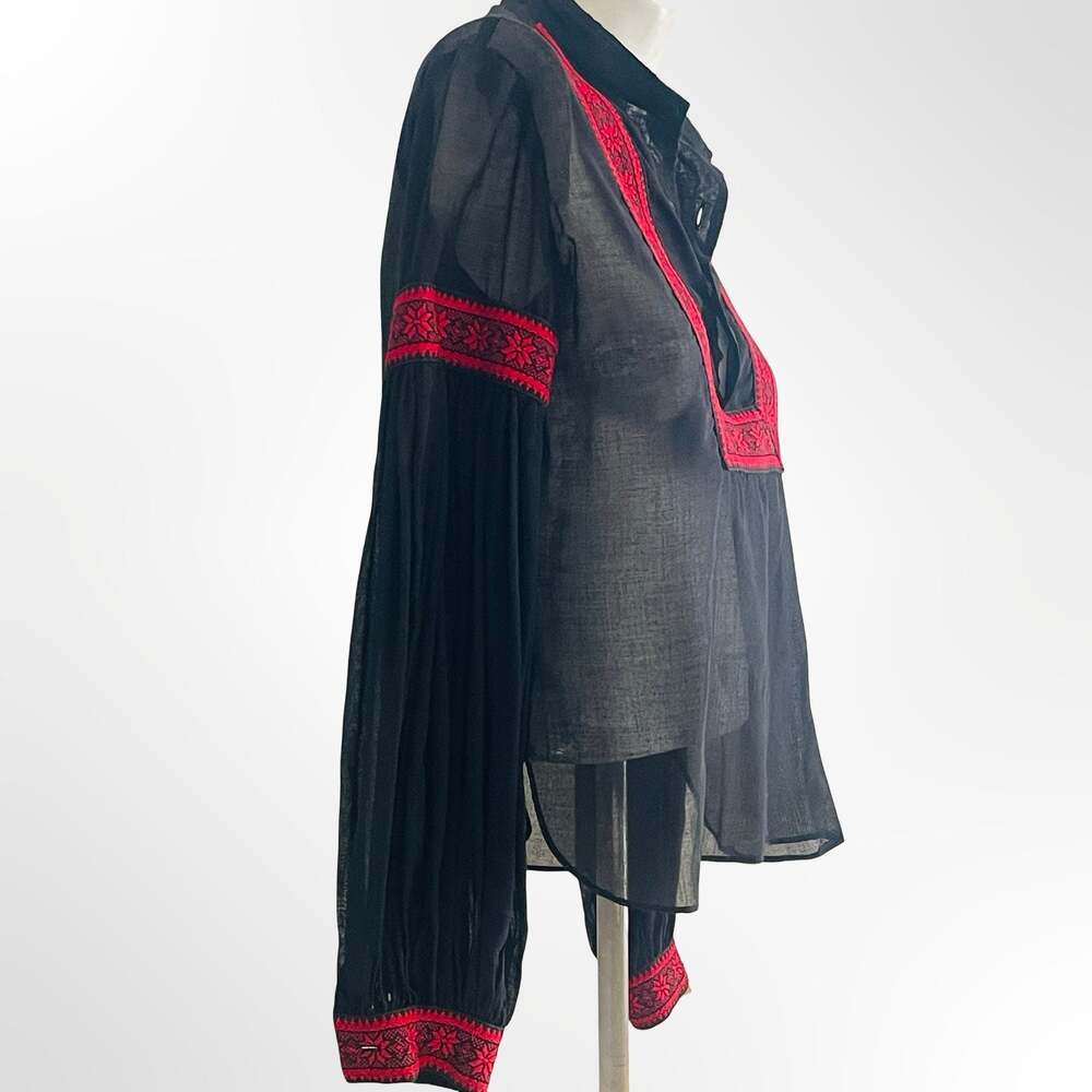 Vintage Eros California Black and Red Embroidered Peasant Blouse Long Sleeve
