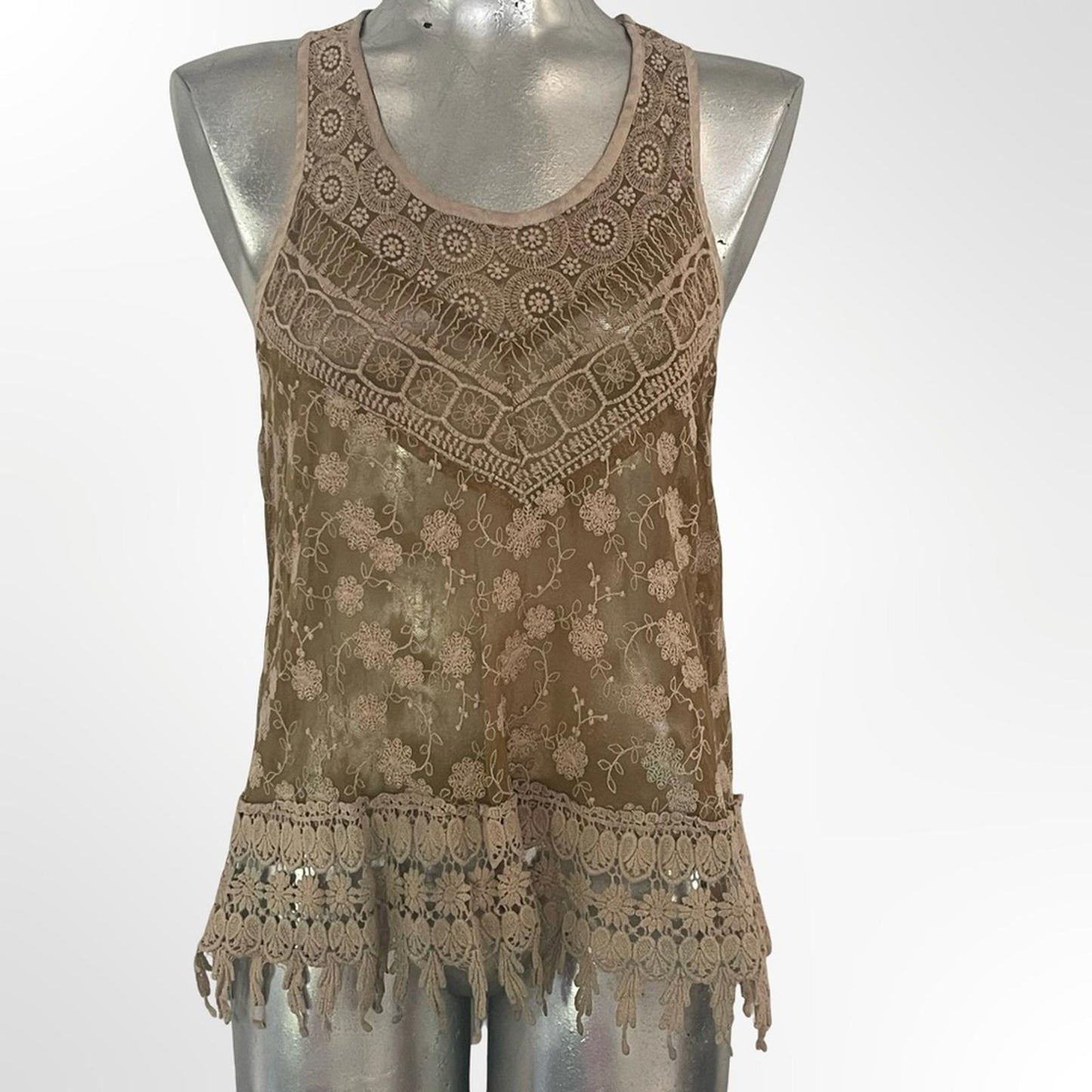 Sleeveless Crochet-Trim Taupe Tank Top