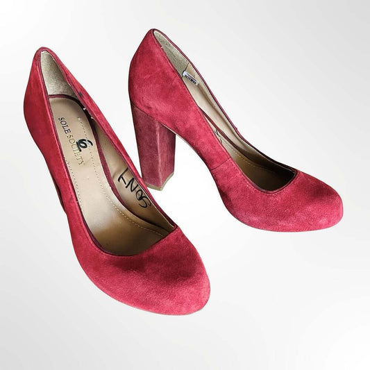 Sole Society Red Suede Round Toe Block Heel Pumps