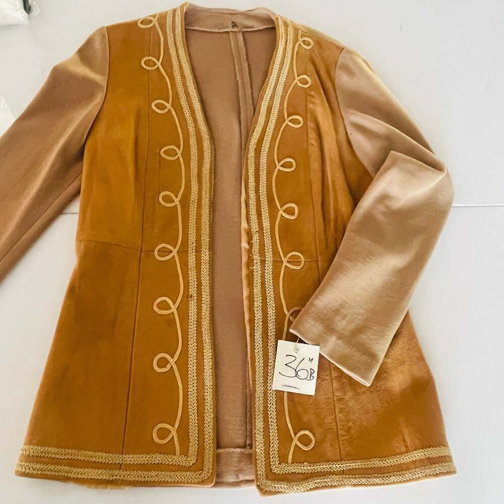 Vintage 70s Suede Leather Blazer with Soutache Embroidery & Contrast Sleeves