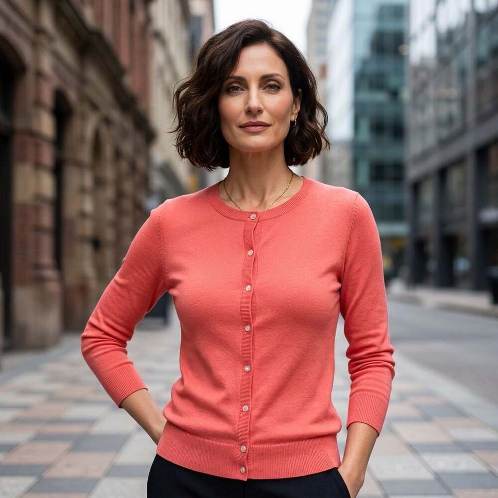 Halogen Coral Pink Crewneck Button Up Viscose Nylon Cardigan Sweater
