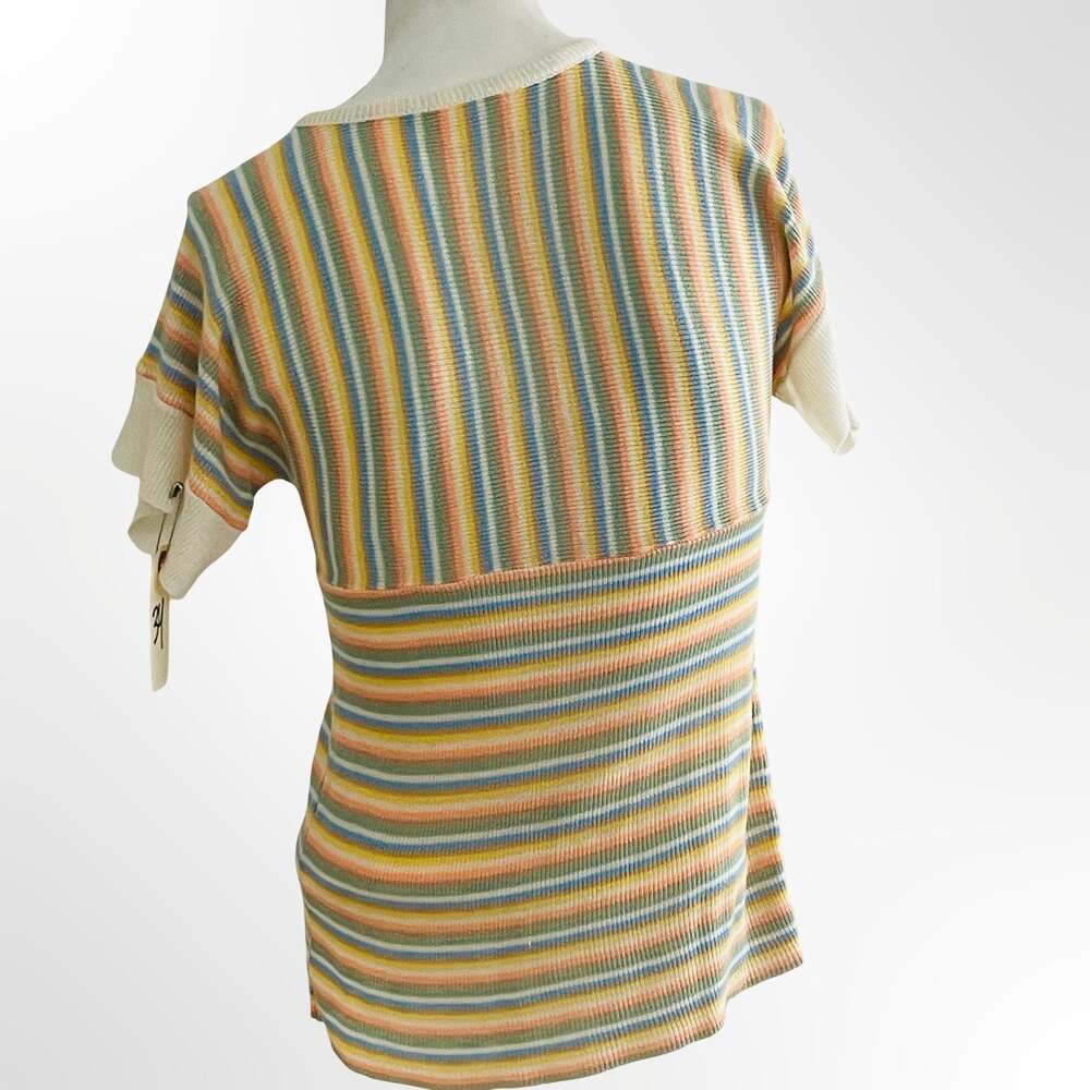 Vintage 1970s Lover's Leap Ltd. Striped Knit Short Sleeve Top w Bamboo Buttons