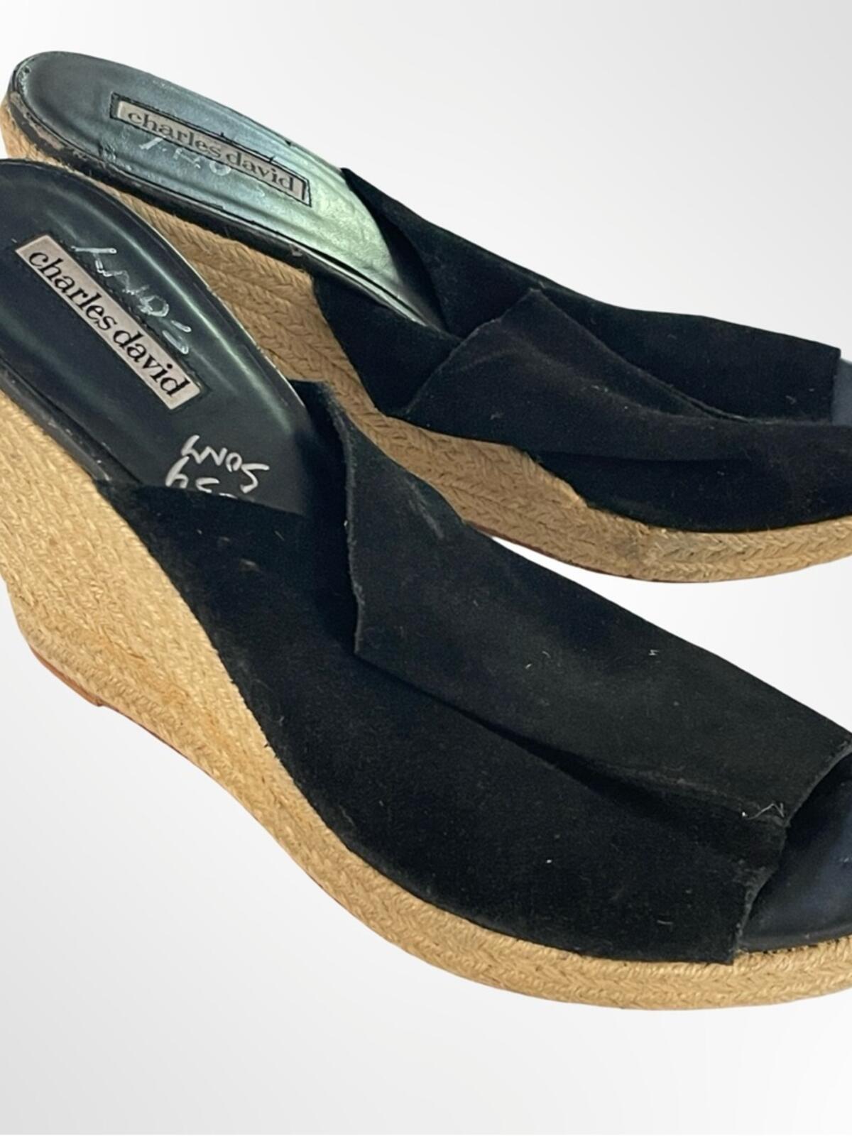 Charles David Black Suede Espadrille Wedge Mules in size 9.5