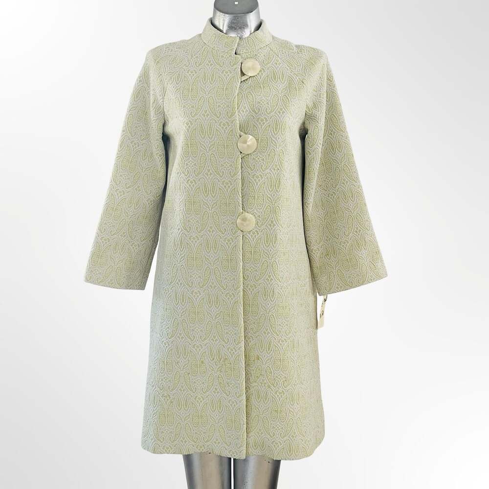 Vintage 1960s Green and Gold Paisley Brocade Long Coat with Stand Collar