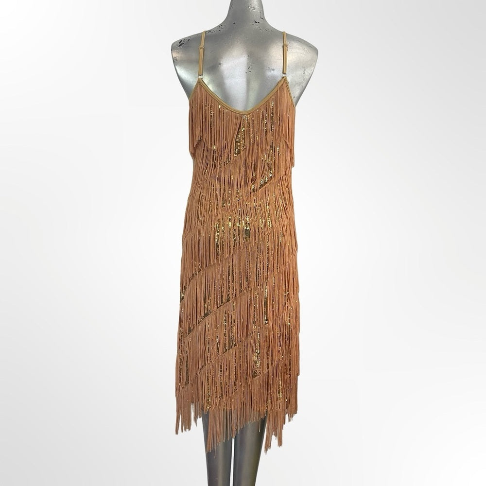 Anna Kaci Elegant Gold Fringe Dress size L