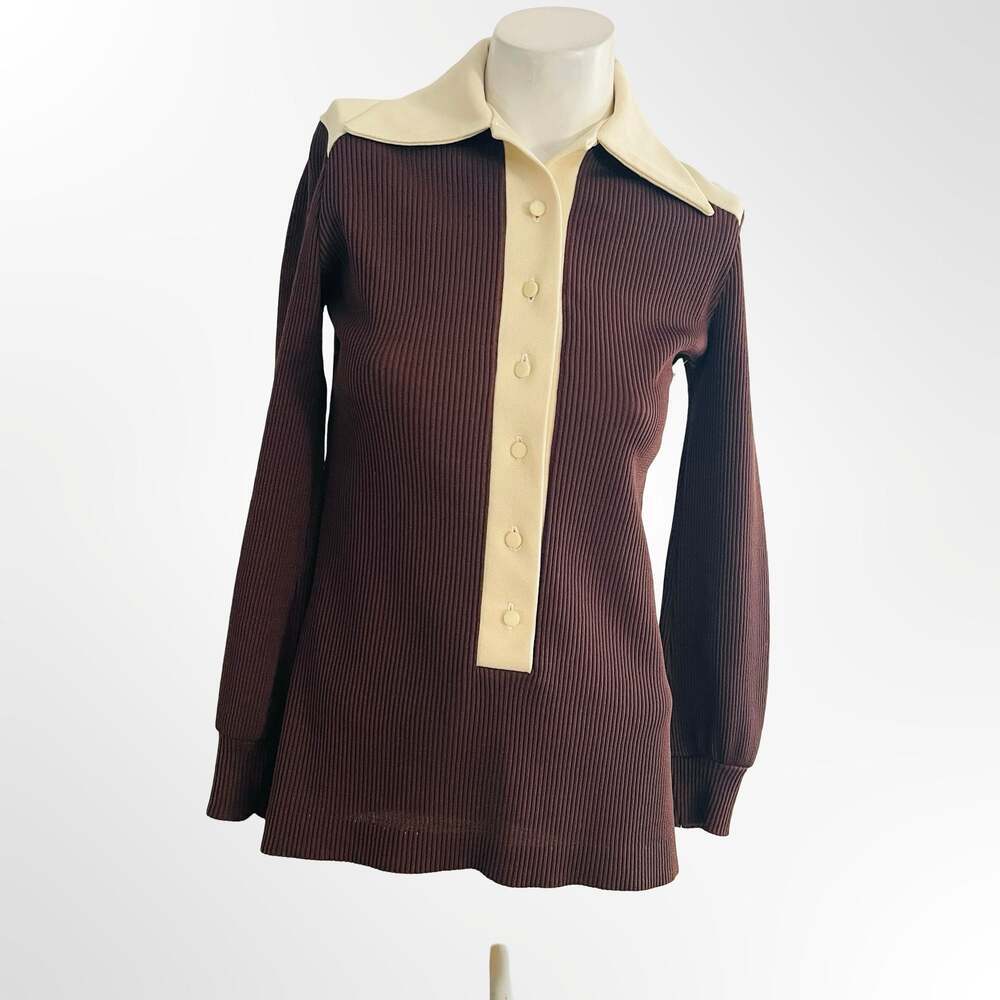 Vintage Stage 7 Brown Ribbed Knit Long Sleeve Polo Sweater  w Cream Collar