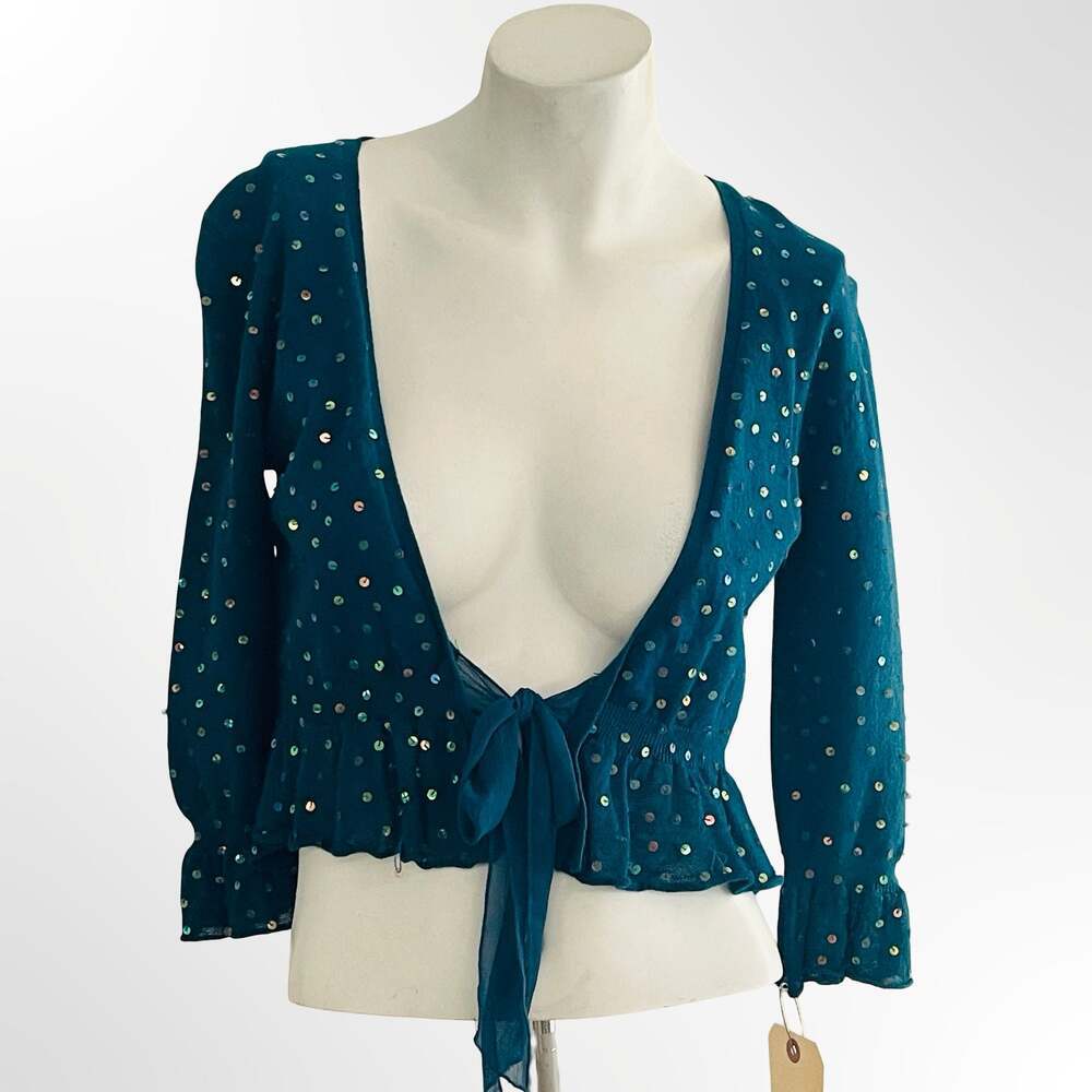 Necessary Objects Sequin Tie Front Crop Top Teal
