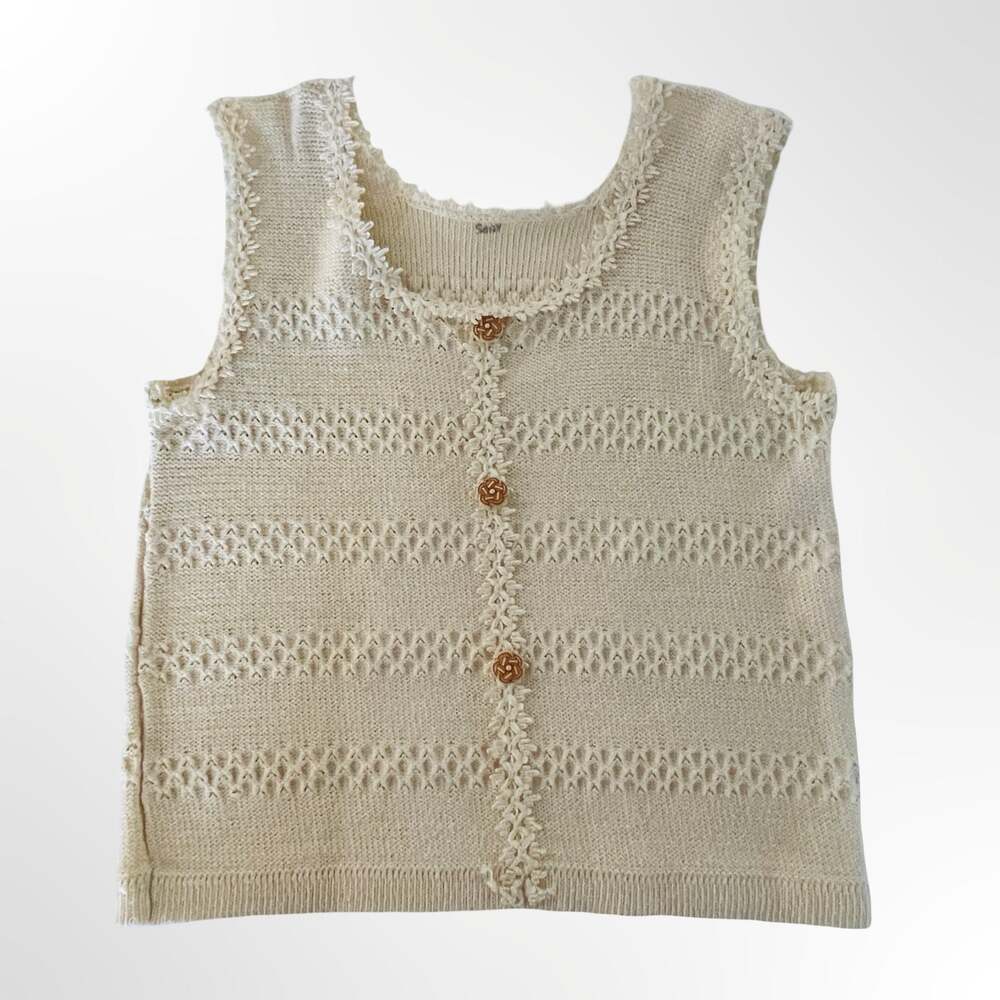 Sandy Cream Knitted Button-Down Openwork Sleeveless Top Vest