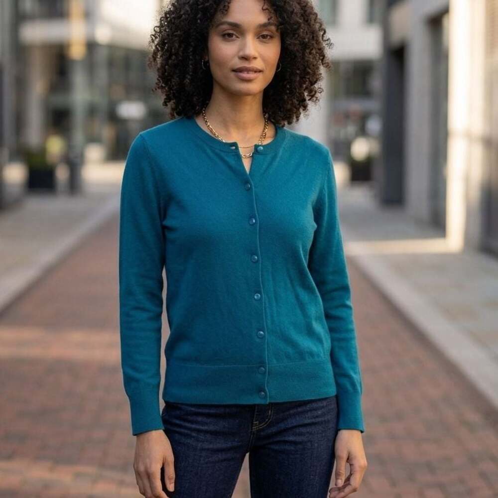 J.Crew Women's Teal Blue Button Down Crew Neck Cardigan Sweater Size S