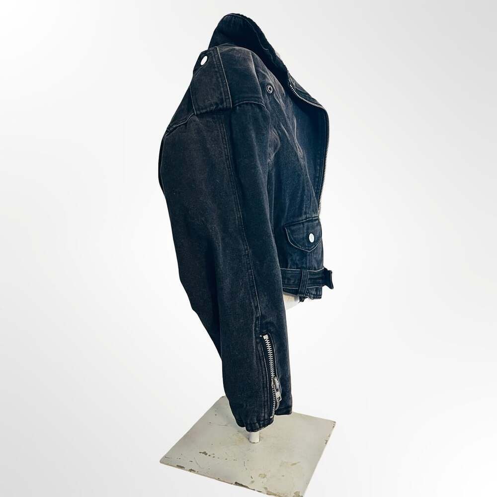 East West By The Panda Group Vintage Acid Wash Denim Moto Jacket w Sherpa Collar