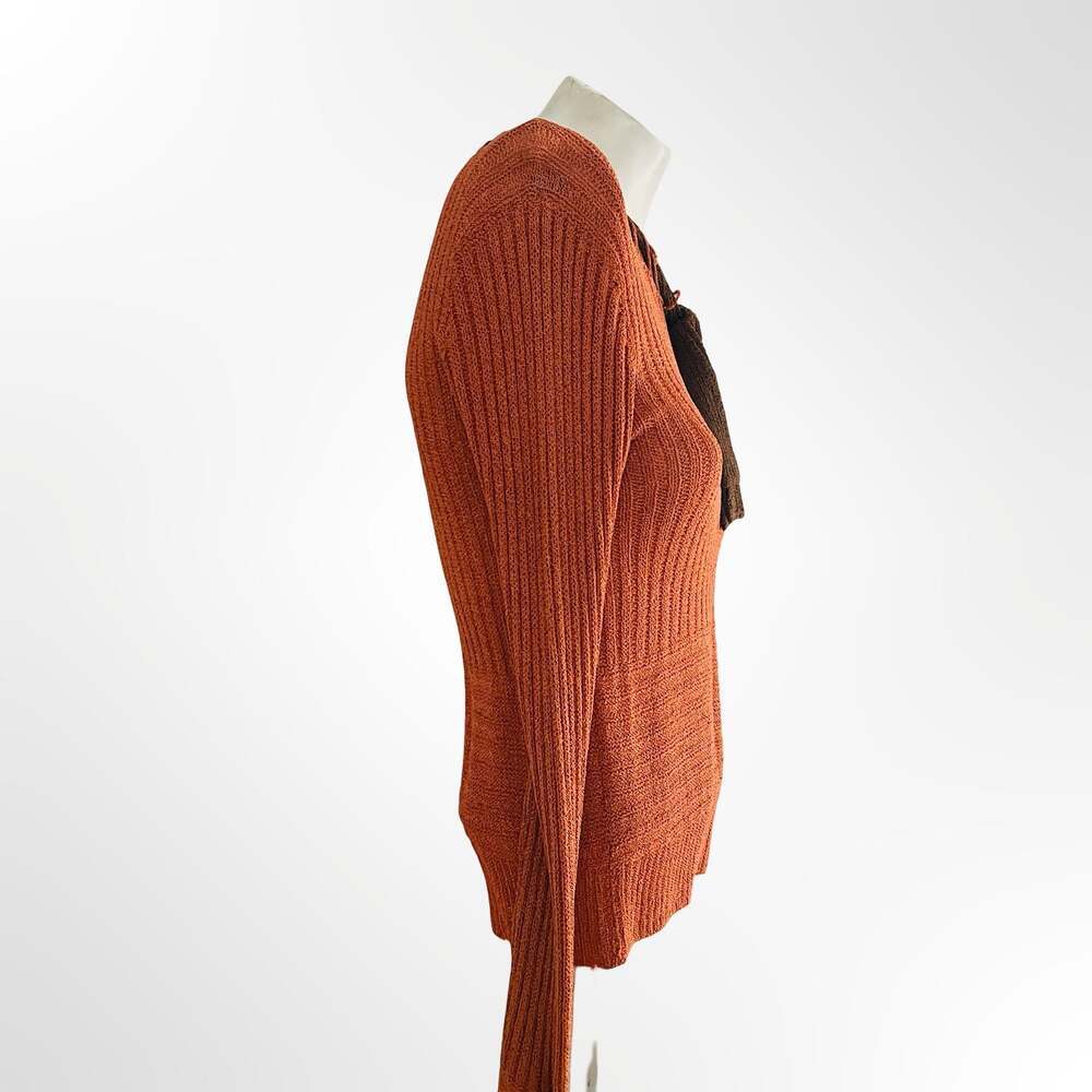 Vintage Textured Ribbed Orange Sweater with Brown Macrame Neck Tie
