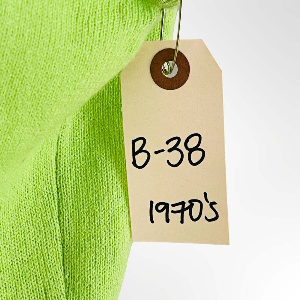 Vintage 1970s Hand Loomed Fully Fashioned Lime Green Mock Neck  Sweater