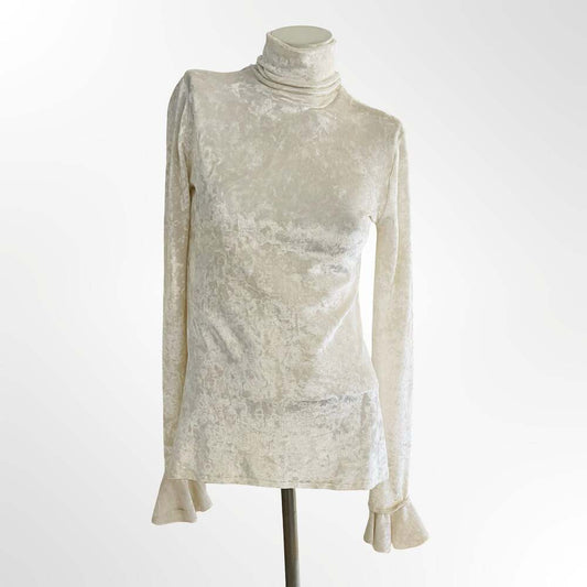 Vintage Style Cream Crushed Velvet Turtleneck Long Sleeve Ruffle Cuff Top