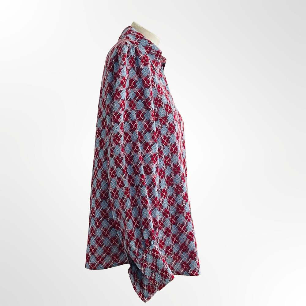 Vintage 1970s Red Blue Geometric Argyle Print Long Sleeve Collared Blouse