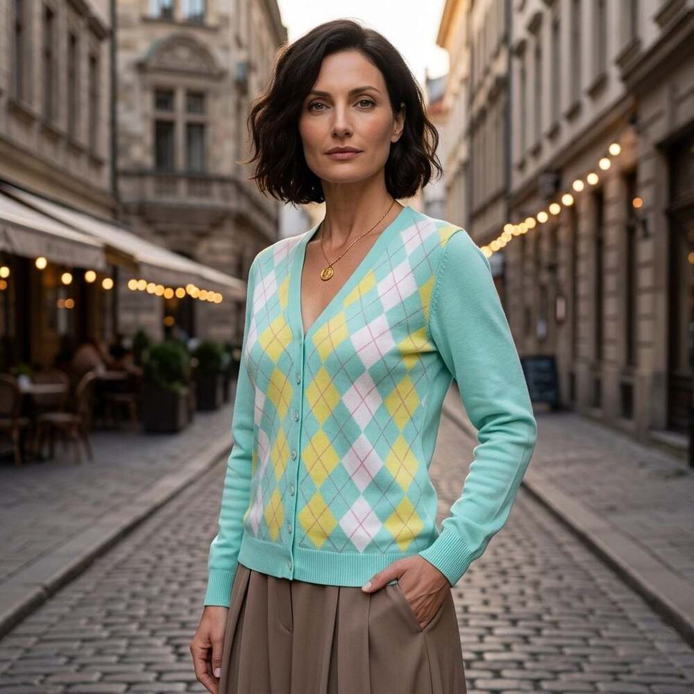 MICHAEL Michael Kors Mint Green Argyle V-Neck Cotton Cardigan Sweater