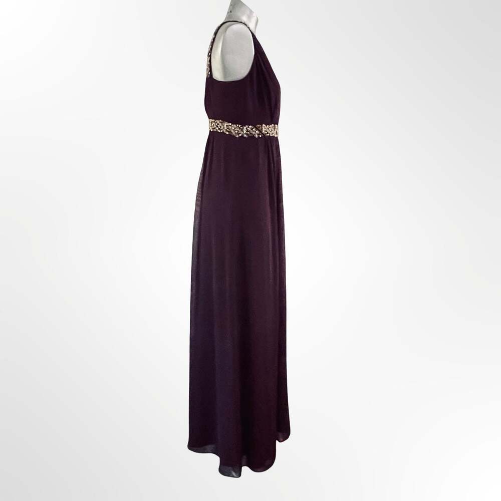 Calvin Klein Sleeveless V-Neck Pleated Chiffon Evening Gown w Crystal Waist det
