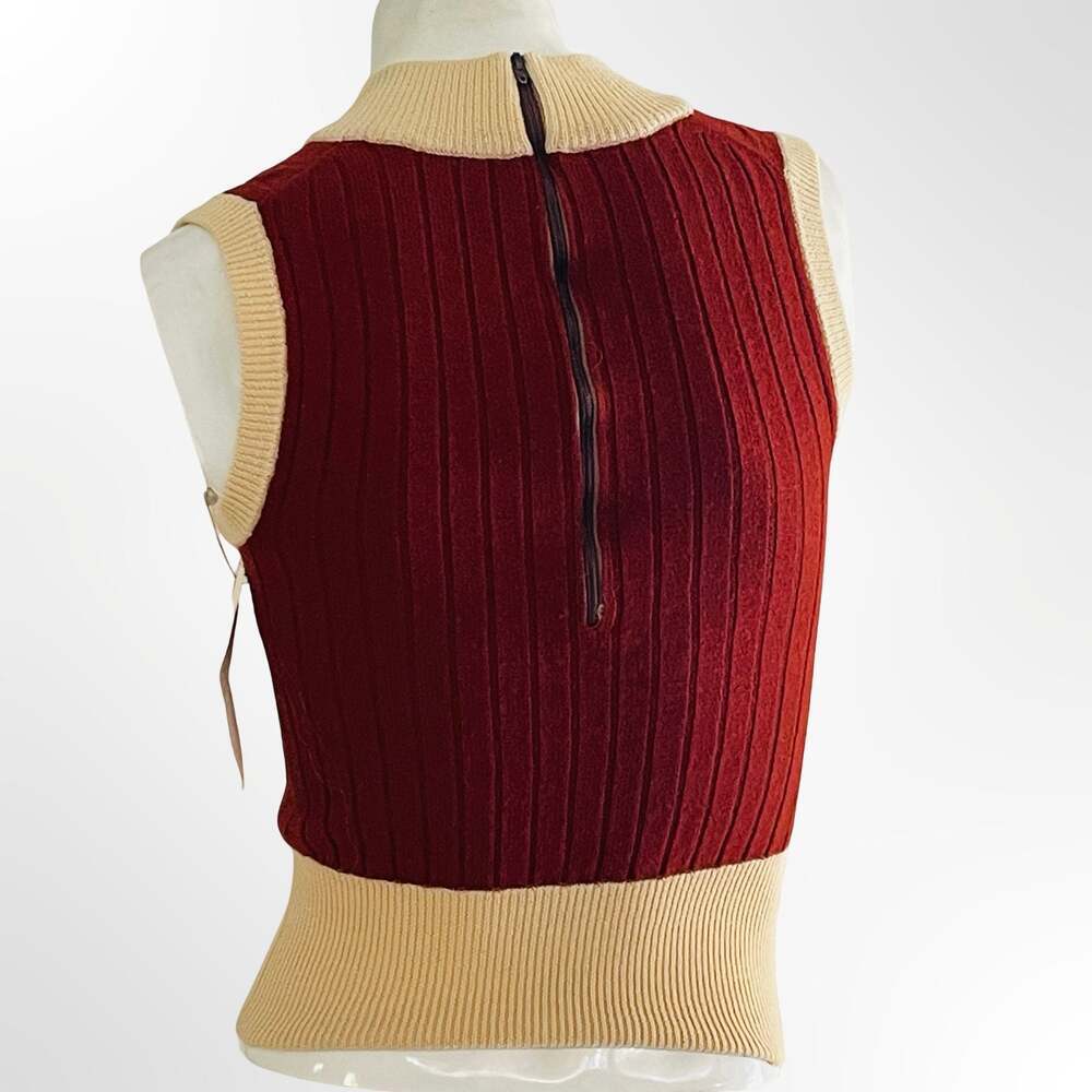 Vintage 1970s 100% Pure Wool Cable Knit V-Neck Sweater Vest Red Cream