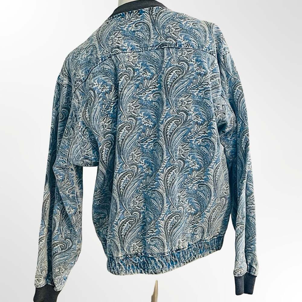 Vintage 1980s Blue Paisley Print Denim Bomber Jacket with Ribbed Trim