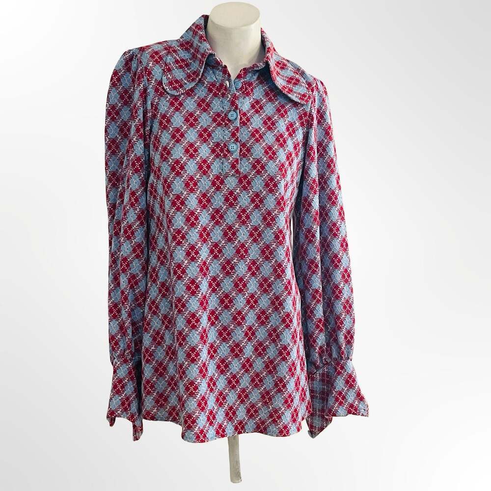 Vintage 1970s Red Blue Geometric Argyle Print Long Sleeve Collared Blouse