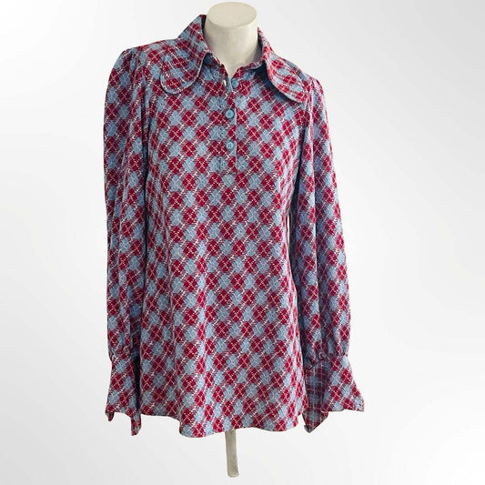 Vintage 1970s Red Blue Geometric Argyle Print Long Sleeve Collared Blouse