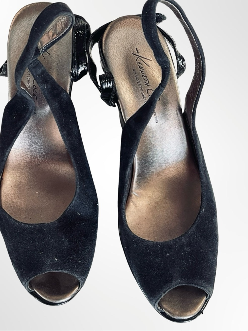 Kenneth Cole New York Black Suede Peep-Toe Slingback Wedge Heels