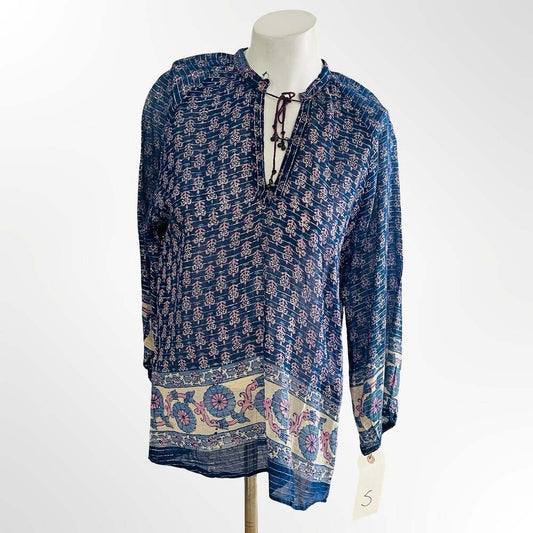 Joie Navy Blue Purple Flowy Floral Silk Boho Blouse Top Size S