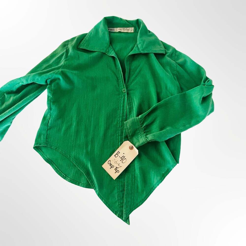 Ret Turner Green Cotton Long Sleeve Button Down Crop Top