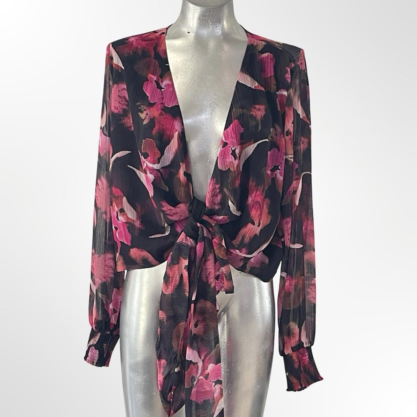 Bar III Black Blouse with Pink Floral Tie-Front
