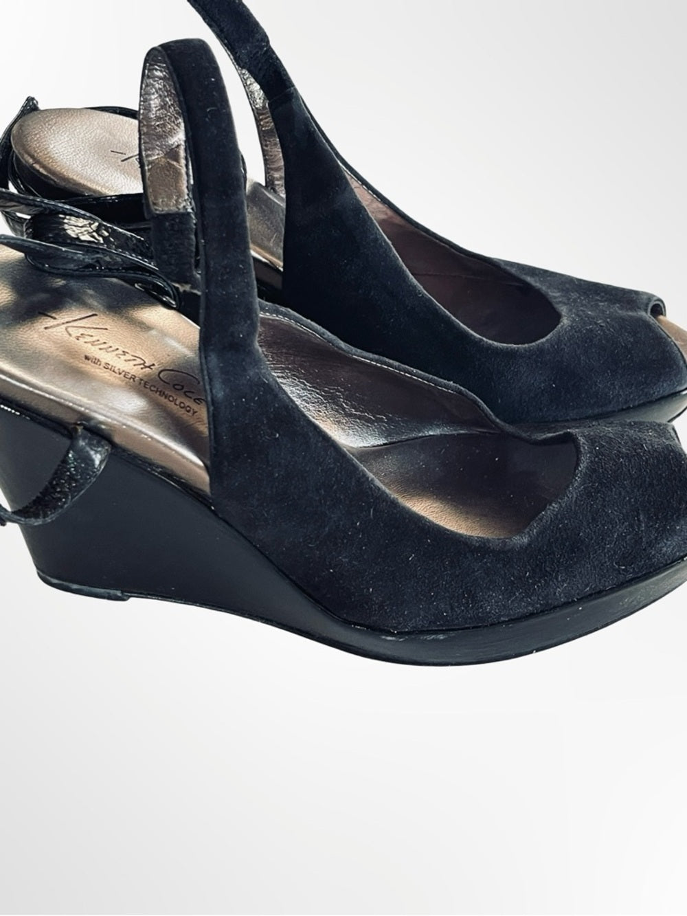 Kenneth Cole New York Black Suede Peep-Toe Slingback Wedge Heels