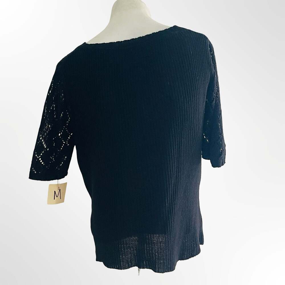 Vintage Black Ribbed Scoop Neck Sweater Top with Crochet Lace Sleeves Size M