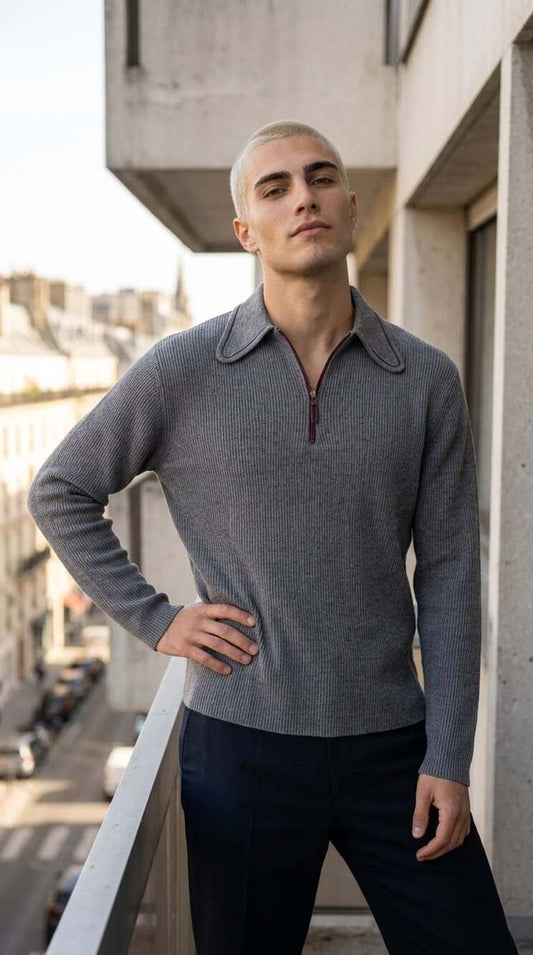 Gray Ribbed Half-Zip Sweater with Contrast Red Trim Lapel Collar