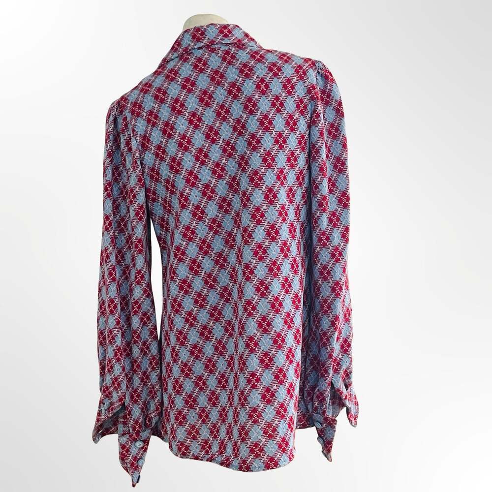Vintage 1970s Red Blue Geometric Argyle Print Long Sleeve Collared Blouse