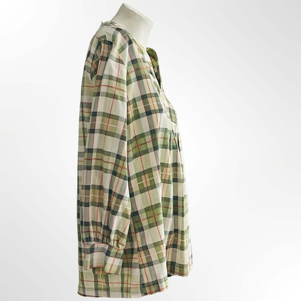 Vintage Green Plaid Long Sleeve V-Neck Babydoll Tunic Top with Pleats