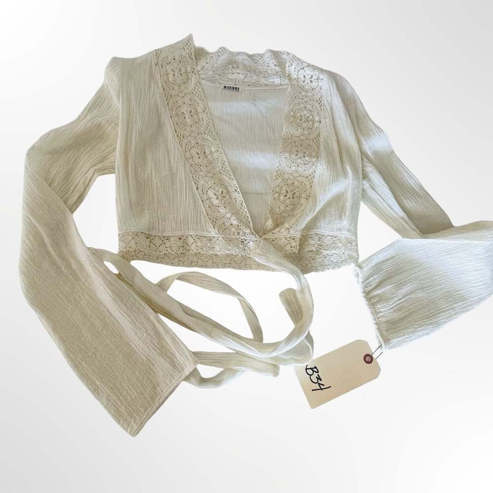 Vintage Cream White Lace Trim Bell Sleeve Crop Wrap Top Blouse