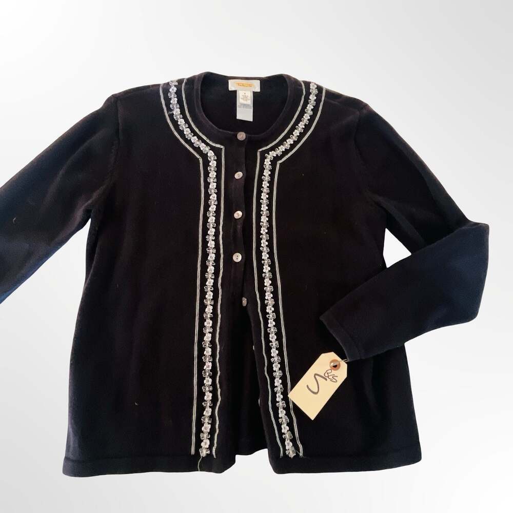 Talbots Black 100% Cotton Cardigan Sweater with Sequin and Bead Trim