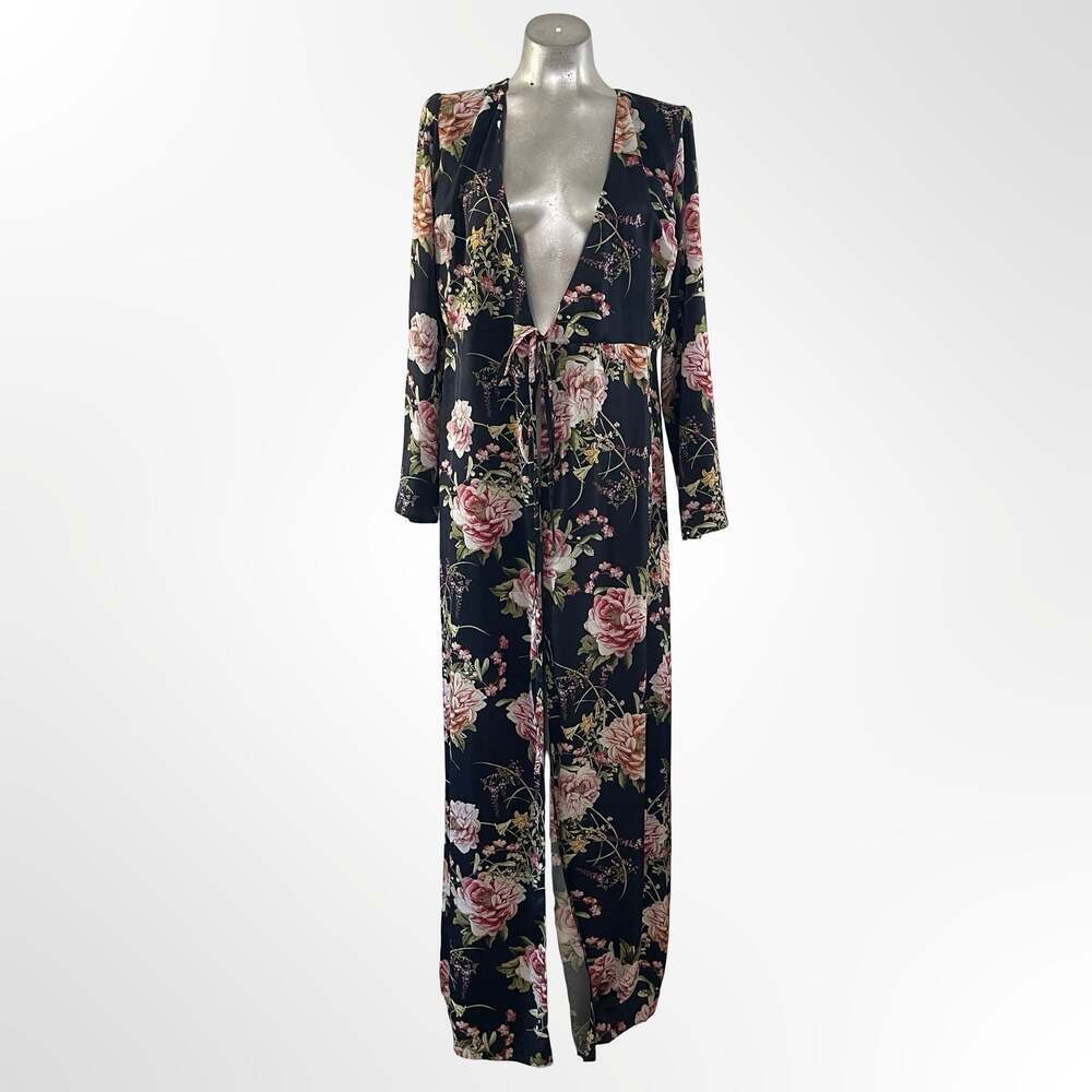 ASOS Black Floral Long Sleeve Tie-Front kimono