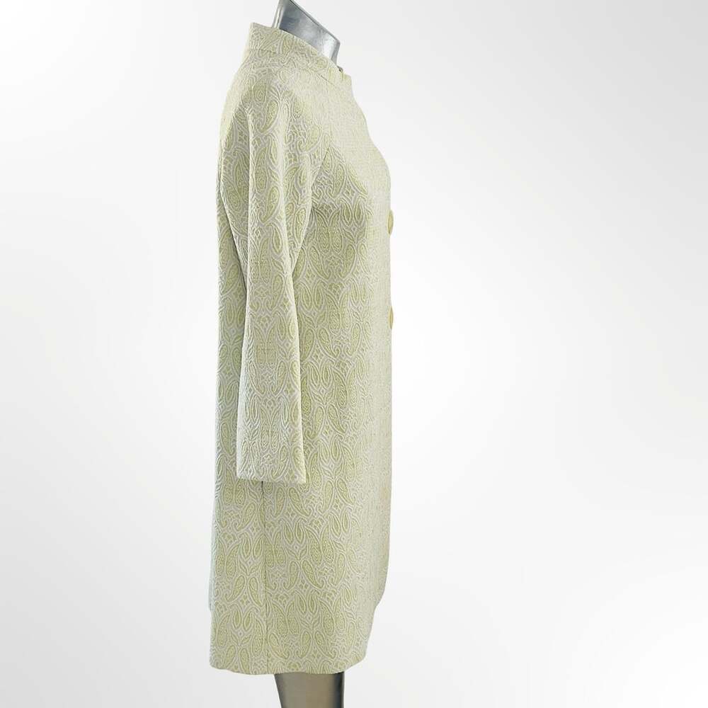 Vintage 1960s Green and Gold Paisley Brocade Long Coat with Stand Collar