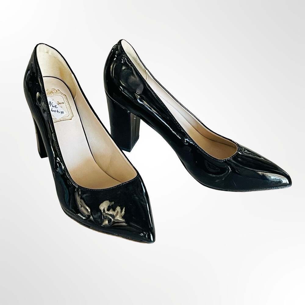 Sinnjato Black Patent Leather Pointed Toe Block Heel Pumps