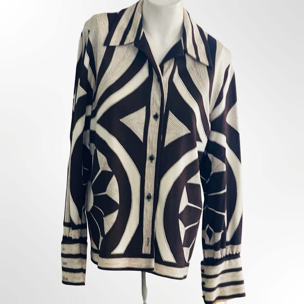 Vintage Ban-Lon Geometric Print Button-Up Shirt Brown Cream Size L