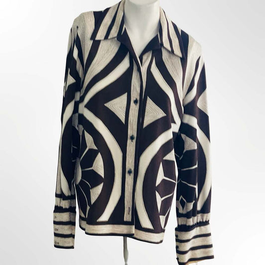 Vintage Ban-Lon Geometric Print Button-Up Shirt Brown Cream Size L